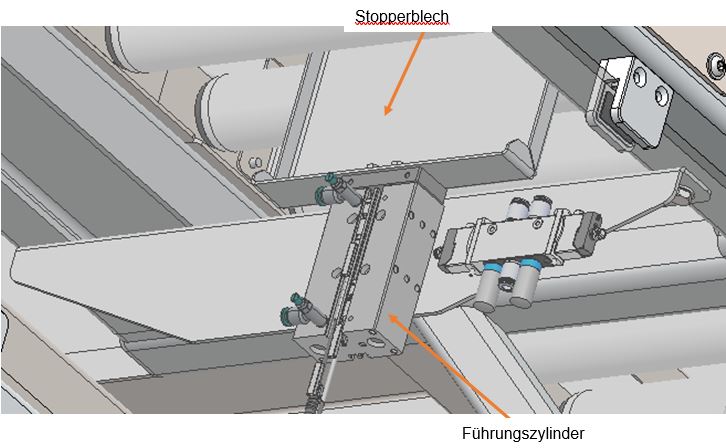 Kartontransport Roboterzelle Zylinder Stopper