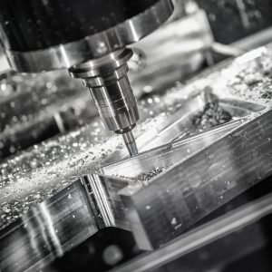 Metalworking CNC milling machine. Cutting metal modern processing technology. Small depth of field. Warning - authentic shooting in challenging conditions. A little bit grain and maybe blurred.